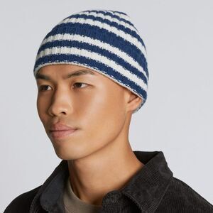 EVERLANE Beanie Hat Unisex Cashmere Wool Navy Cream Striped One Size Mens Women
